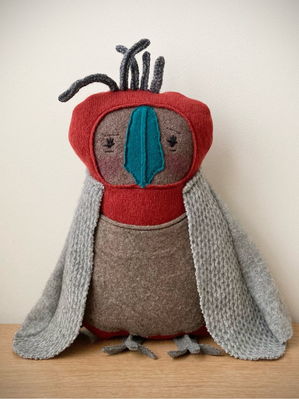 joodito reclaimed wool cashmere sweater pillow folk art doll artist red owl bee